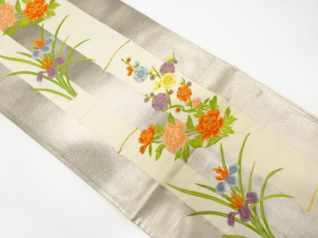 アンティーク　竹縞に菖蒲・牡丹・梅模様織り出し袋帯(材料)